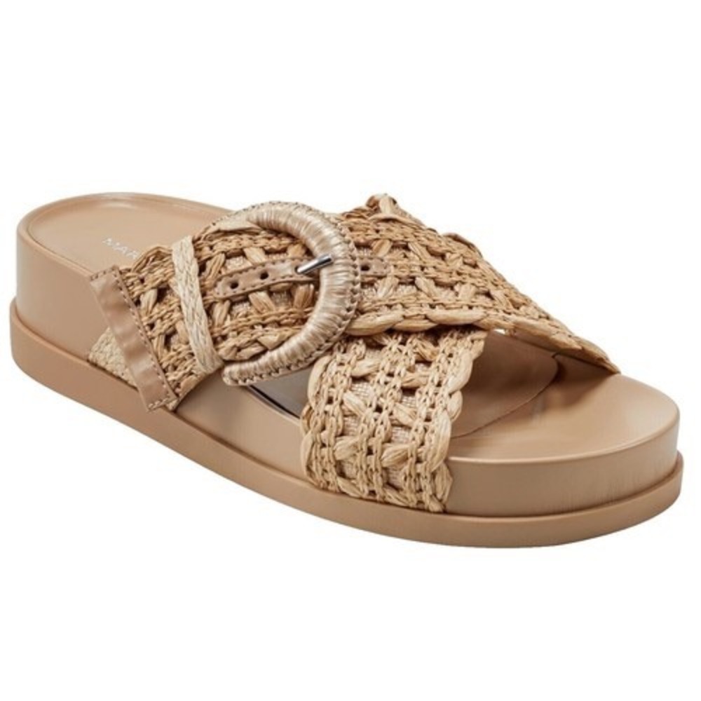Marc Fisher Woven Raffia Platform Slide Sandals Tan Buckle 10M‎